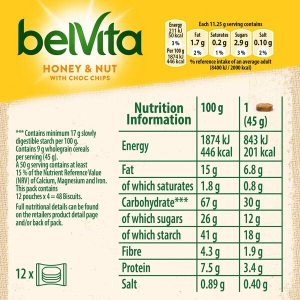Belvita Honey & Nuts Choc Chips Breakfast Biscuits 5 x 45g - Image 9