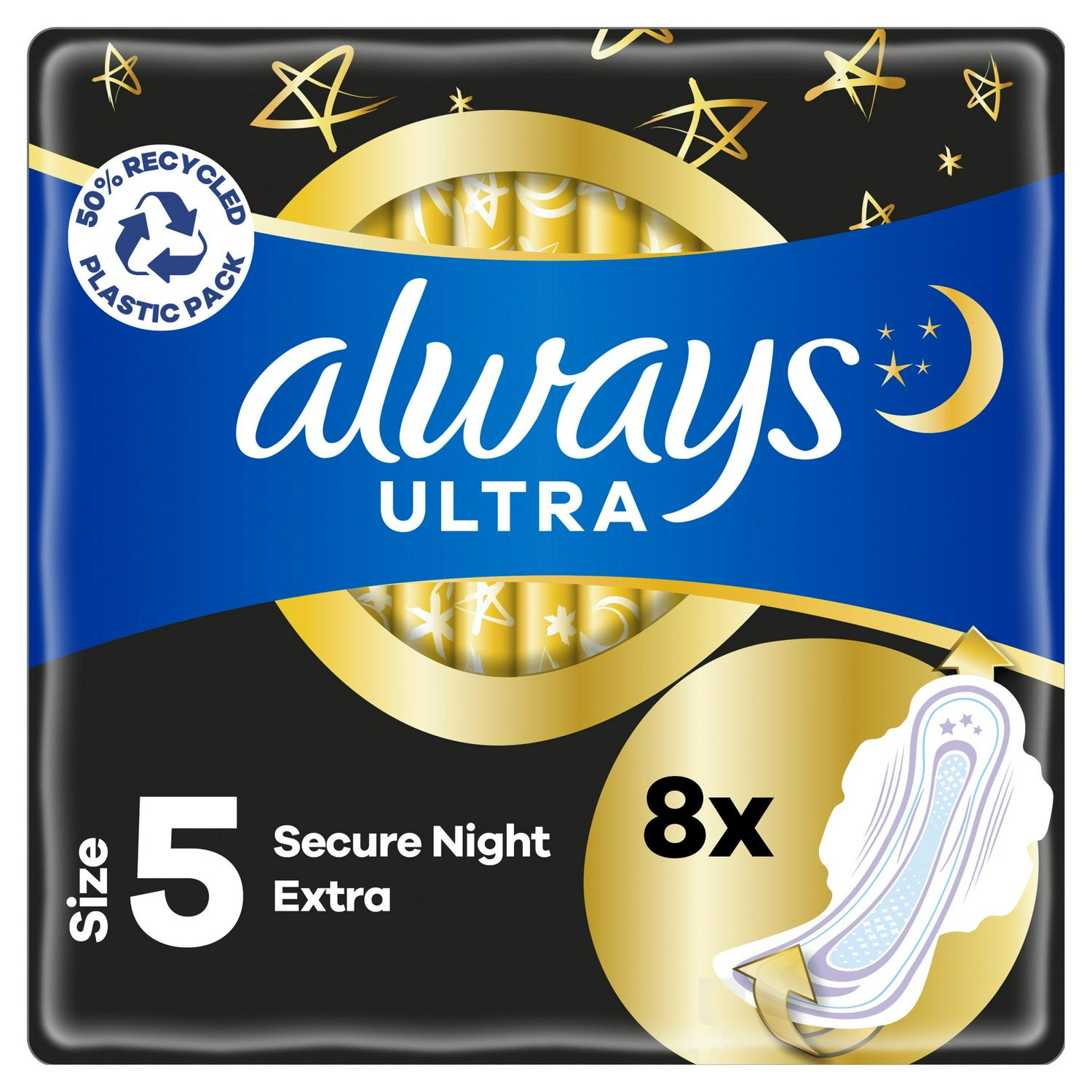 Always Ultra Secure Night (Size 5) Sanitary Towels Wings 8pk | Britannia.lk
