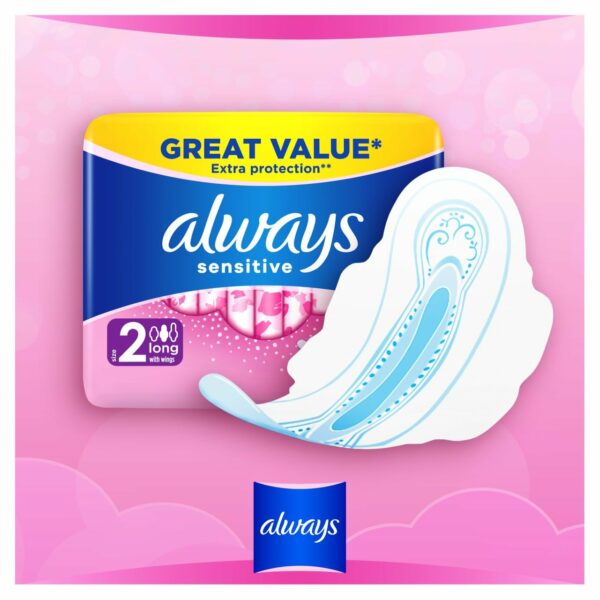 Always Sanitary Towels Sensitive Long (Size 2) Wings 12 per pack - Image 2