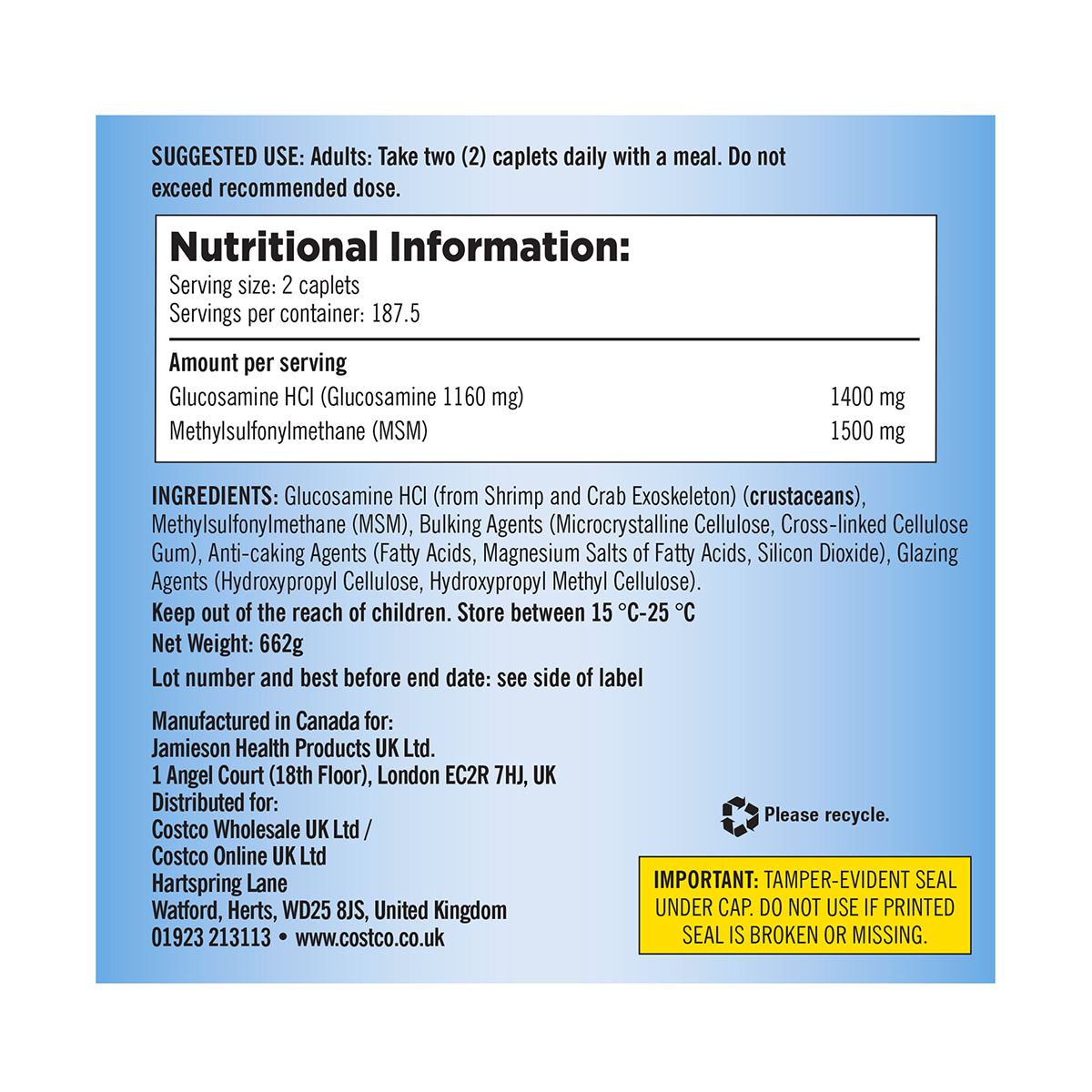 Kirkland Signature Glucosamine HCI & MSM, 375ct Britannia.lk