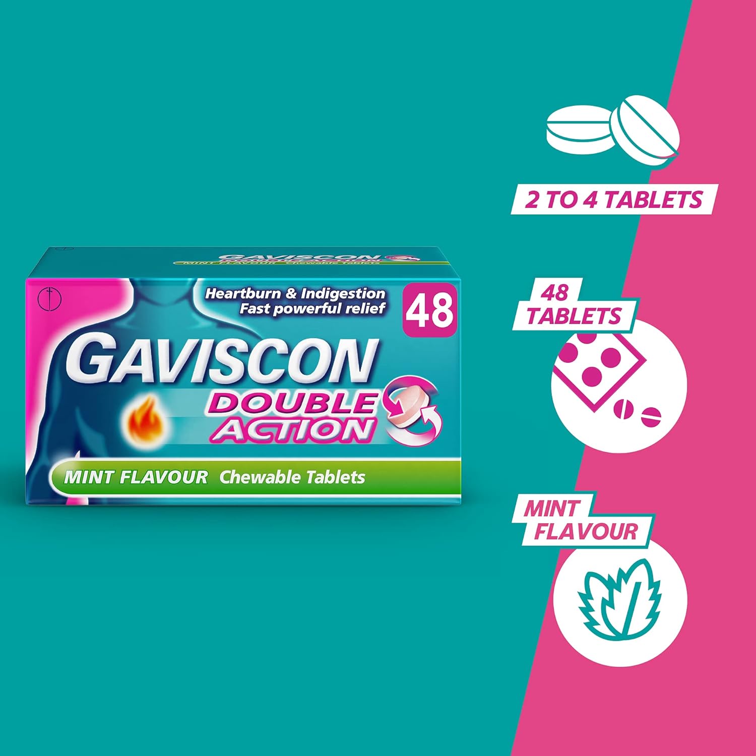 Gaviscon Heartburn and Indigestion Tablets, Double Action, Mint Flavour